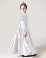 White Sequin Satin A-line Girls Formal Dress Front View