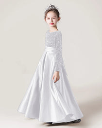 White Side Sequin Long Sleeve Flower Girls Dress