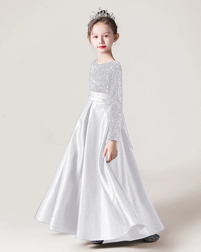 Dideyttawl Long Sleeves Sequins Flower Girls Dress Sparkling  Satin Formal Party Gown 503