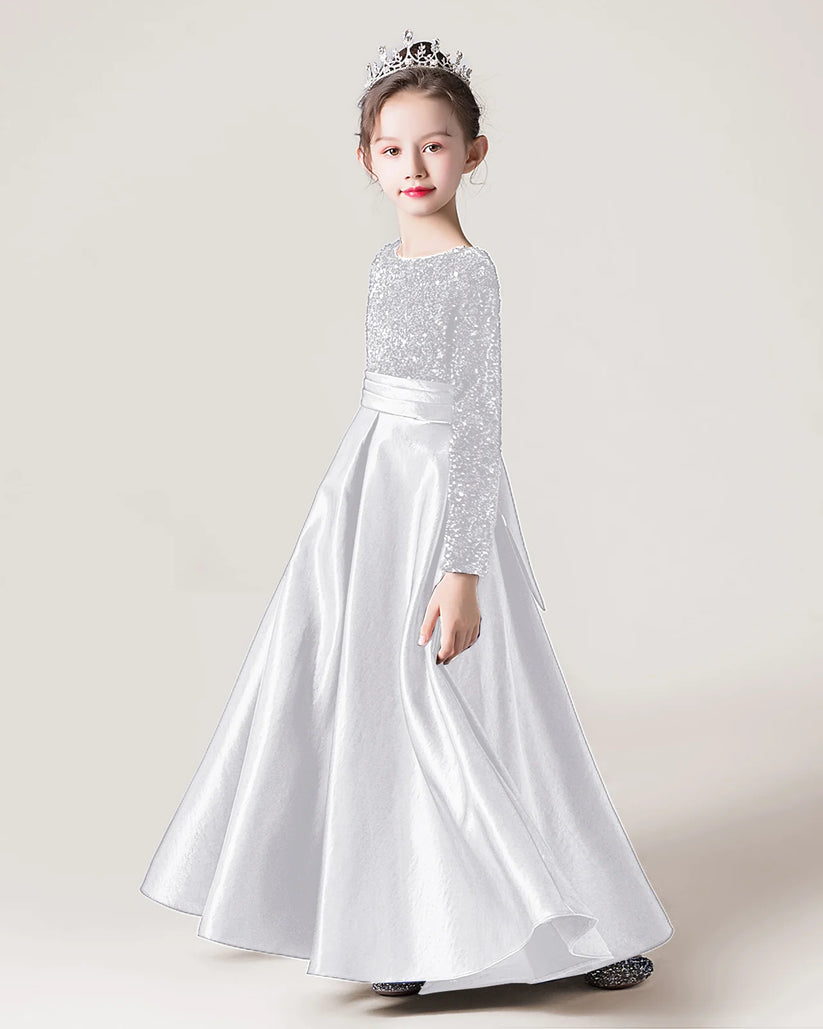 White Sequin Satin A-line Girls Formal Dress Front View