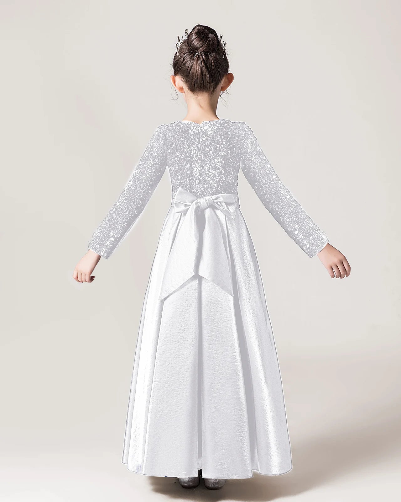 Dideyttawl Long Sleeves Sequins Flower Girls Dress Sparkling  Satin Formal Party Gown 503
