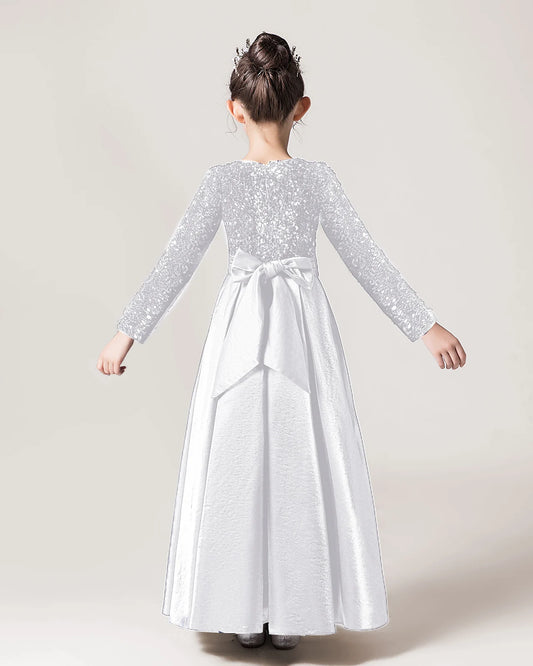 White Sequin A-line Girls Formal Dress Back View