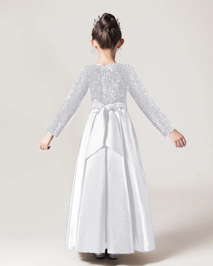 White Sequin A-line Girls Formal Dress Back View