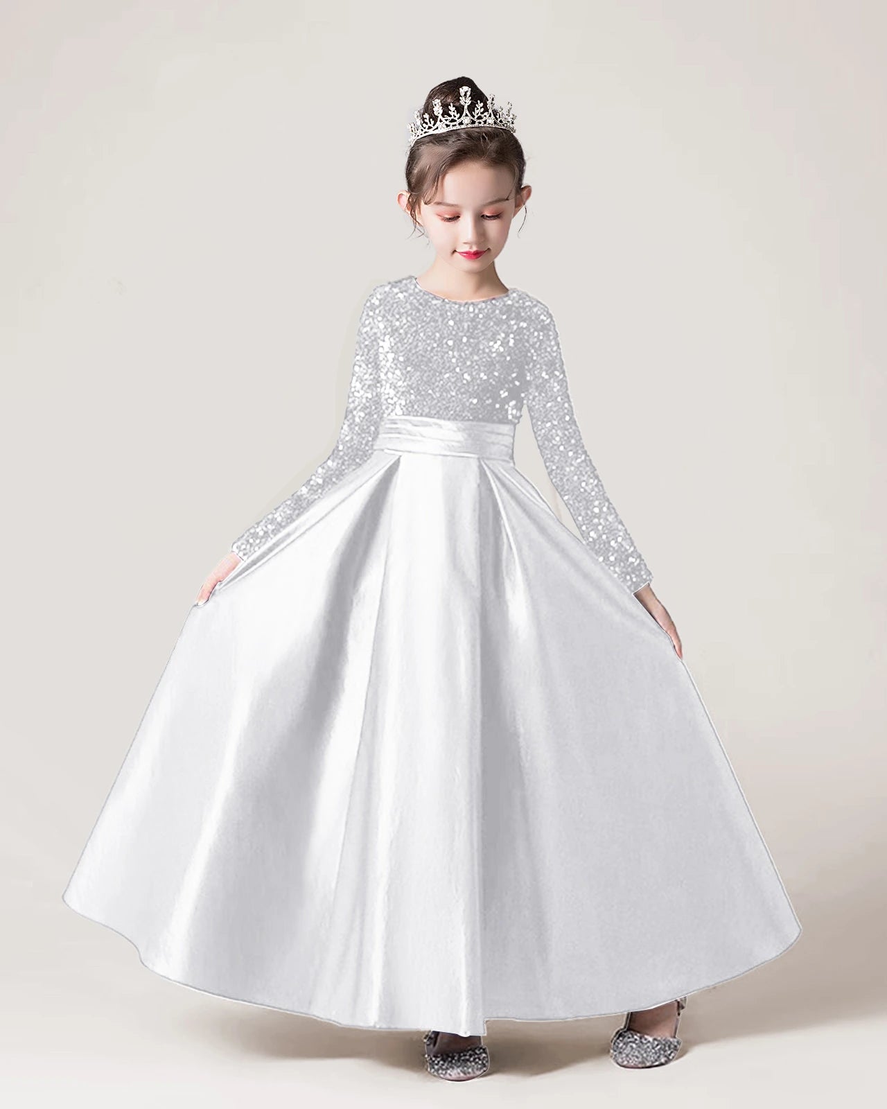 Dideyttawl Long Sleeves Sequins Flower Girls Dress Sparkling  Satin Formal Party Gown 503
