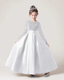 White Front Sequin Long Sleeve Flower Girls Dress