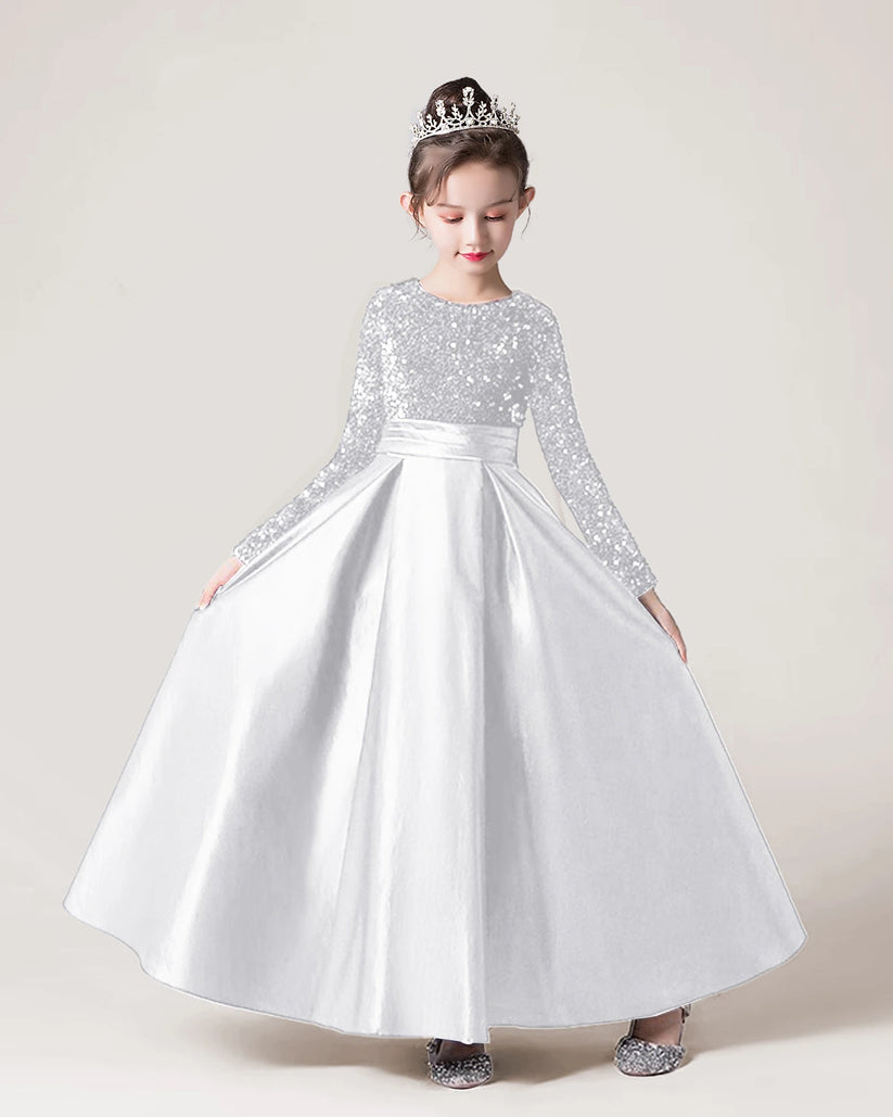 White Sequin Satin A-line Girls Formal Dress Front View