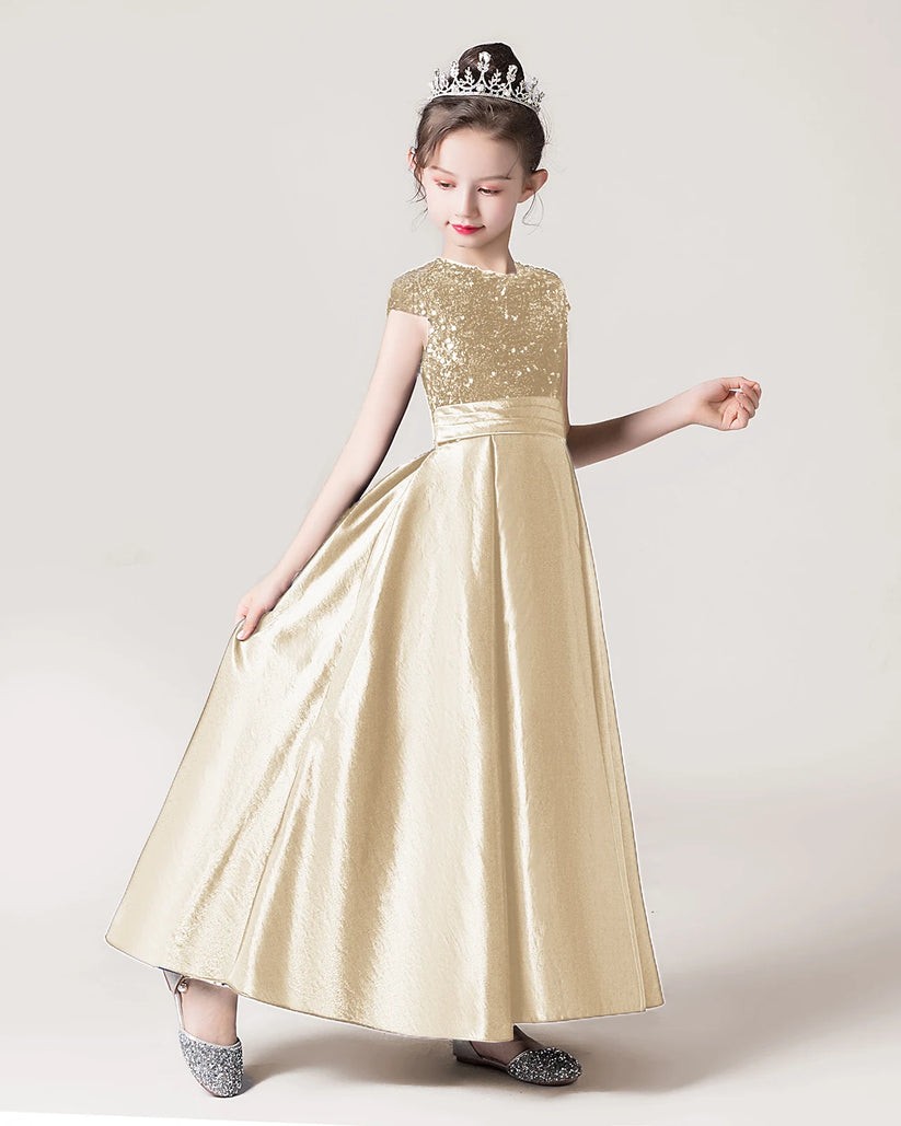 Champagne Sequin A-line Girls Formal Dress Front View