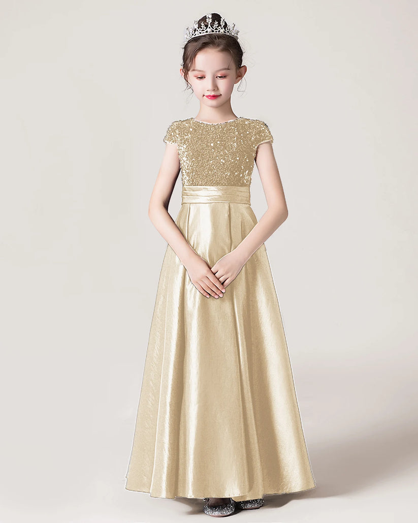 Champagne Sequin A-line Girls Formal Dress Front View