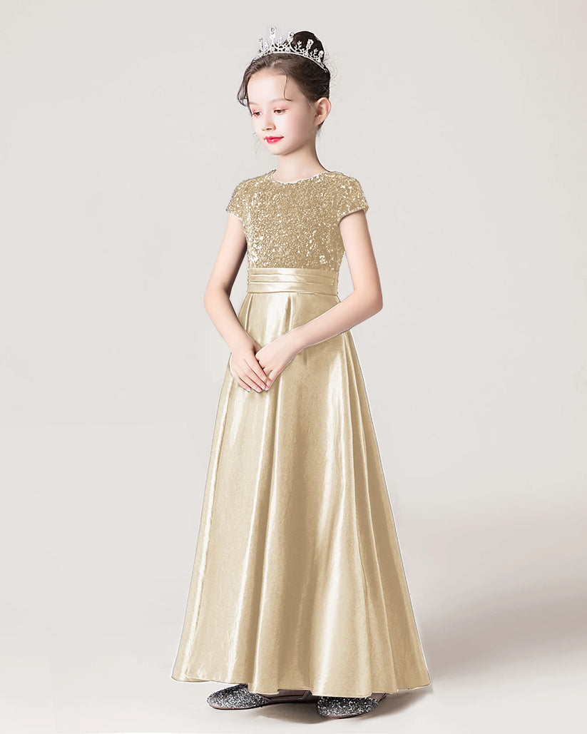 Champagne Sequin A-line Girls Formal Dress Side View
