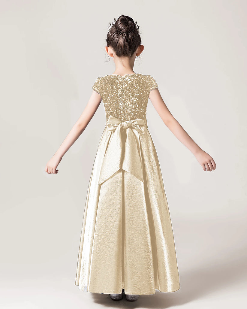 Champagne Satin A-line Girls Formal Dress Back View