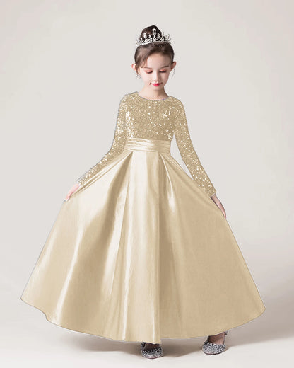 Dideyttawl Long Sleeves Sequins Flower Girls Dress Sparkling  Satin Formal Party Gown 503