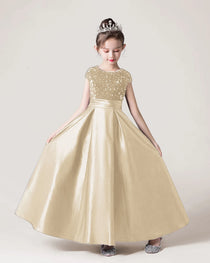 Champagne Front Sequin Flower Girls Dress