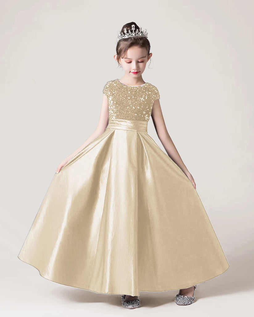 Champagne Sequin A-line Girls Formal Dress Front View