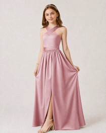 Dideyttawl Teal Junior Bridesmaid Dress Criss Cross Halter Neck Floor Length Dress