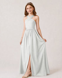 Dideyttawl Teal Junior Bridesmaid Dress Criss Cross Halter Neck Floor Length Dress