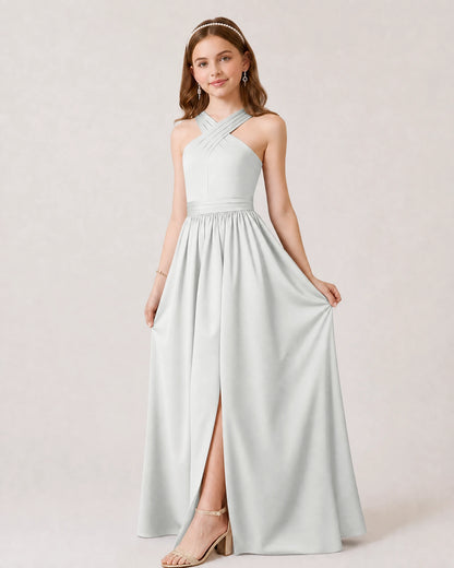 Dideyttawl Teal Junior Bridesmaid Dress Criss Cross Halter Neck Floor Length Dress