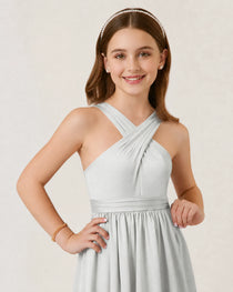 Dideyttawl Teal Junior Bridesmaid Dress Criss Cross Halter Neck Floor Length Dress