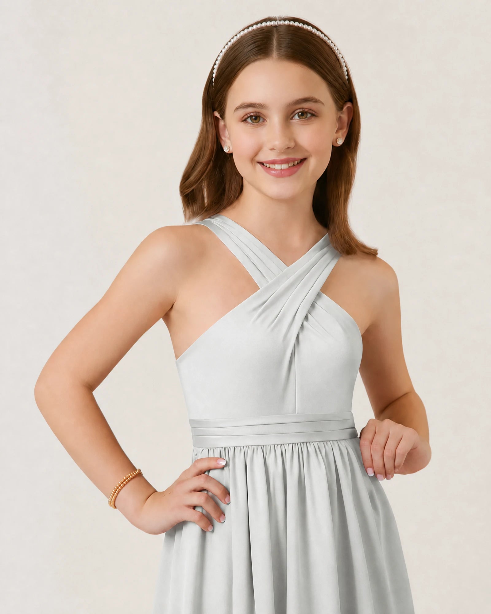 Dideyttawl Teal Junior Bridesmaid Dress Criss Cross Halter Neck Floor Length Dress
