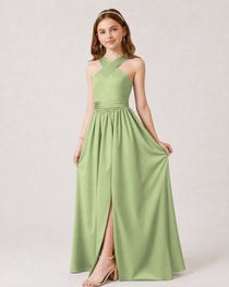Dideyttawl Teal Junior Bridesmaid Dress Criss Cross Halter Neck Floor Length Dress