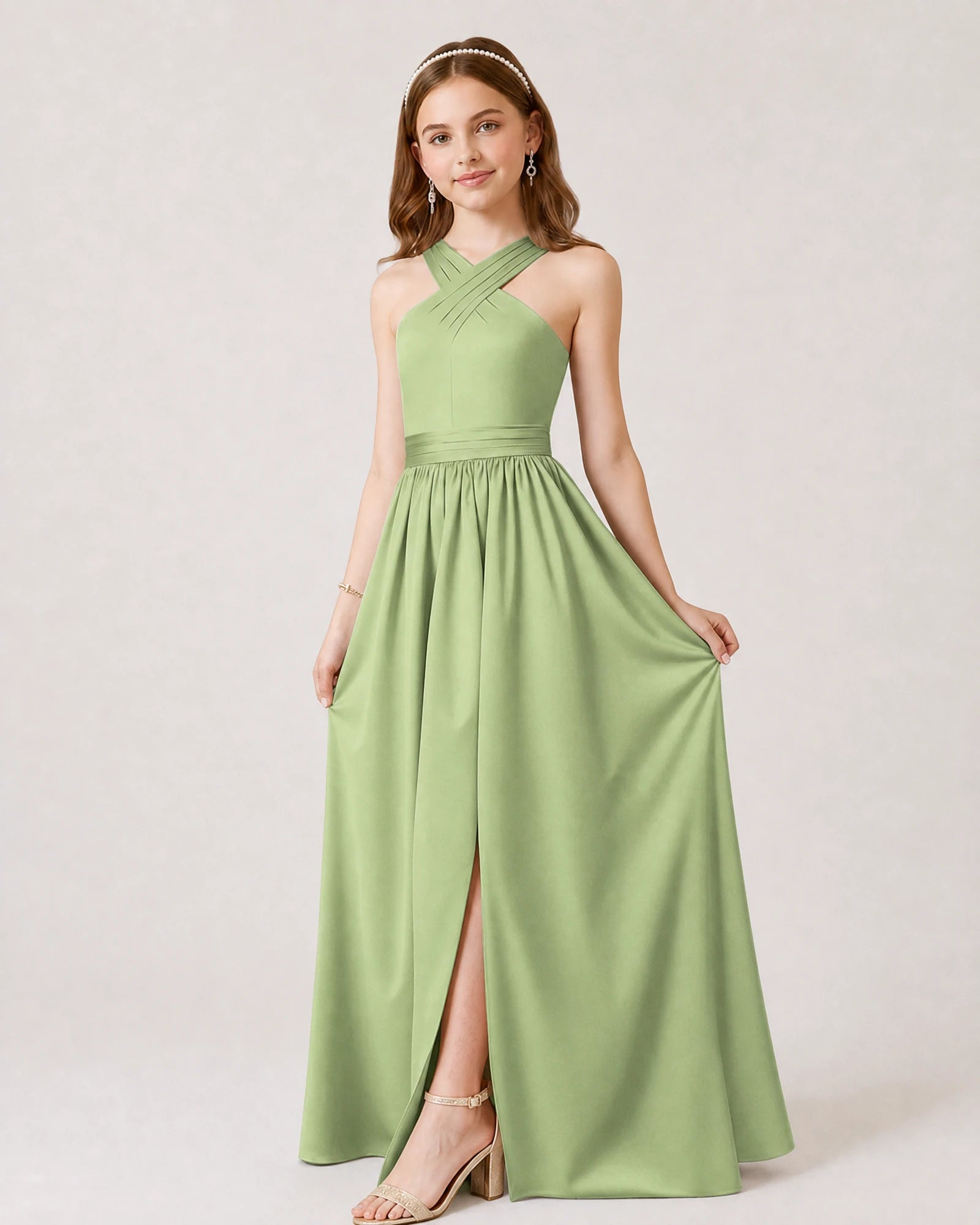 Dideyttawl Teal Junior Bridesmaid Dress Criss Cross Halter Neck Floor Length Dress