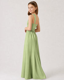 Dideyttawl Teal Junior Bridesmaid Dress Criss Cross Halter Neck Floor Length Dress