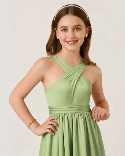 Dideyttawl Teal Junior Bridesmaid Dress Criss Cross Halter Neck Floor Length Dress