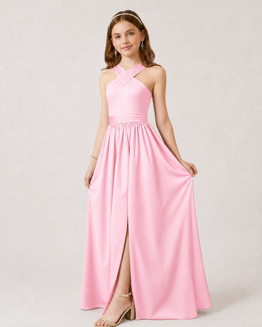 Pink Satin A-line Junior Bridesmaid Dress Front View