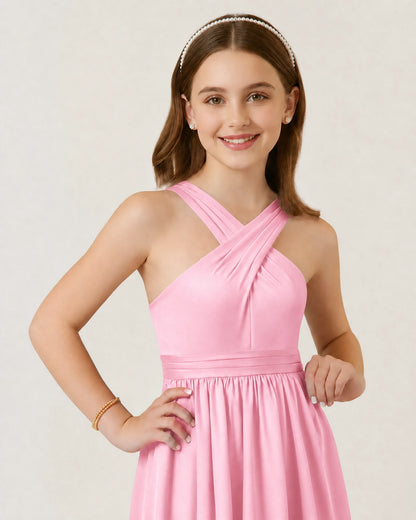Dideyttawl Teal Junior Bridesmaid Dress Criss Cross Halter Neck Floor Length Dress