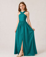 Peacock Satin A-line Junior Bridesmaid Dress Front View