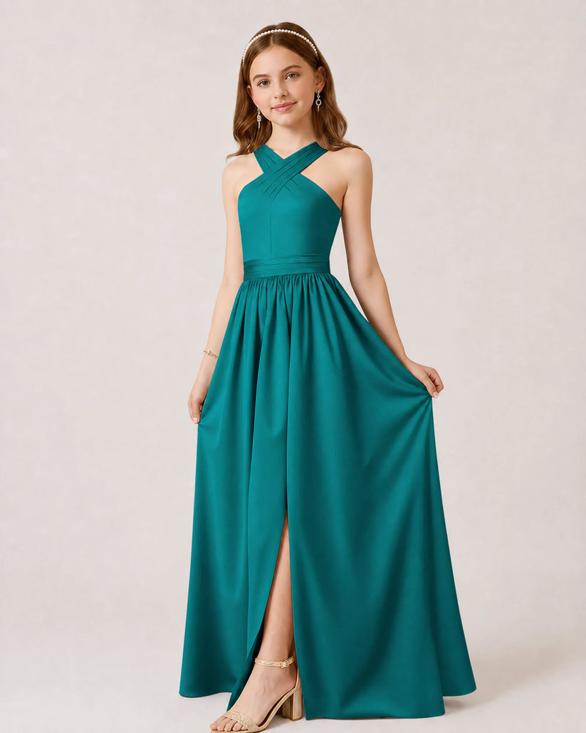 Peacock Satin A-line Junior Bridesmaid Dress Front View