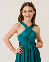 Peacock Satin A-line Junior Bridesmaid Dress Front View