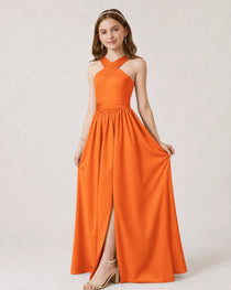 Dideyttawl Teal Junior Bridesmaid Dress Criss Cross Halter Neck Floor Length Dress