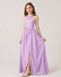 Dideyttawl Teal Junior Bridesmaid Dress Criss Cross Halter Neck Floor Length Dress