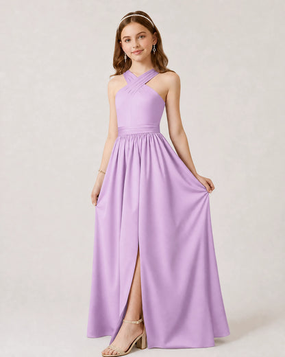 Dideyttawl Teal Junior Bridesmaid Dress Criss Cross Halter Neck Floor Length Dress