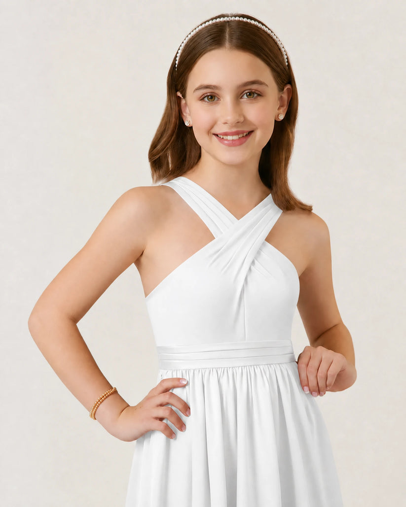 White Chiffon A-line Junior Bridesmaid Dress Front View