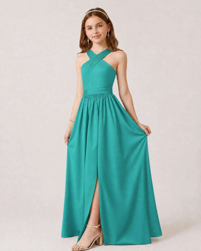 Turquoise Chiffon A-line Junior Bridesmaid Dress Front View