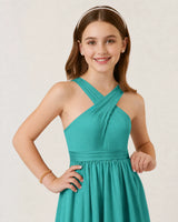 Turquoise Chiffon A-line Junior Bridesmaid Dress Front View