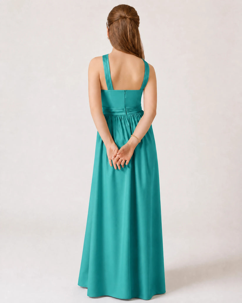 Turquoise Satin A-line Junior Bridesmaid Dress Back View