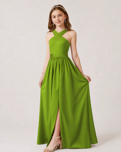 Dideyttawl Teal Junior Bridesmaid Dress Criss Cross Halter Neck Floor Length Dress