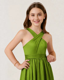 Dideyttawl Teal Junior Bridesmaid Dress Criss Cross Halter Neck Floor Length Dress