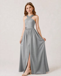 Dideyttawl Teal Junior Bridesmaid Dress Criss Cross Halter Neck Floor Length Dress