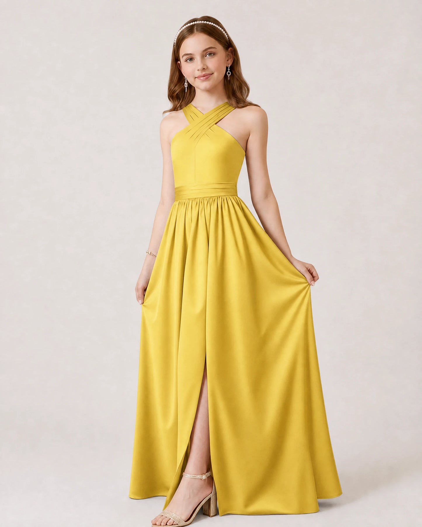 Dideyttawl Teal Junior Bridesmaid Dress Criss Cross Halter Neck Floor Length Dress