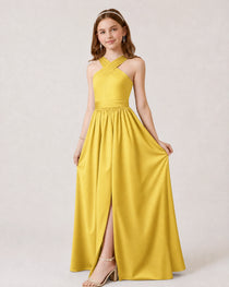 Dideyttawl Teal Junior Bridesmaid Dress Criss Cross Halter Neck Floor Length Dress
