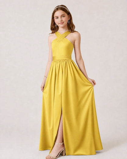 Dideyttawl Teal Junior Bridesmaid Dress Criss Cross Halter Neck Floor Length Dress