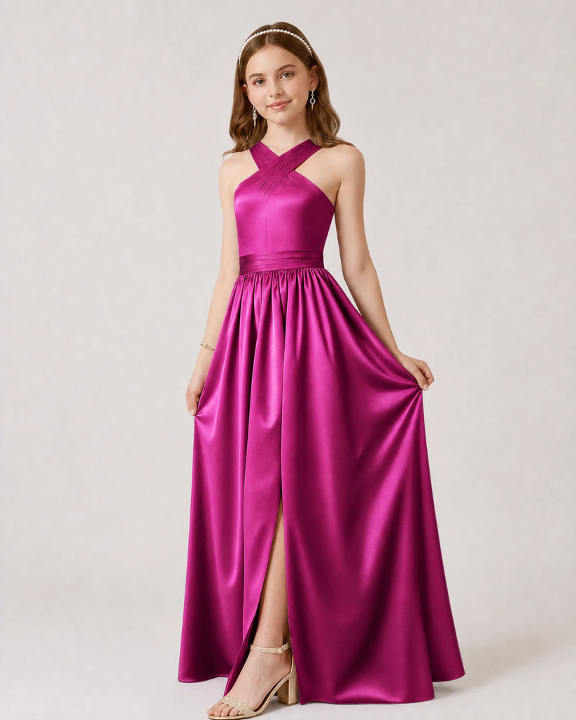 Fuchsia Satin A-line Junior Bridesmaid Dress Front View