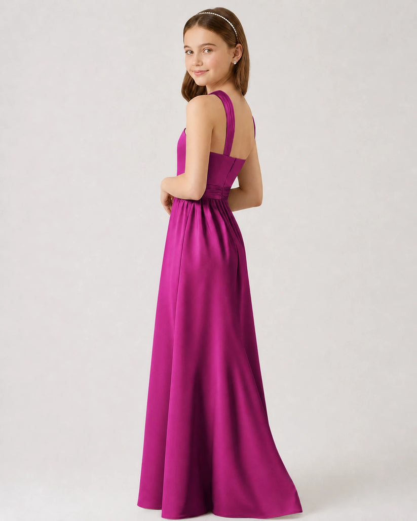 Fuchsia Satin A-line Junior Bridesmaid Dress Side View