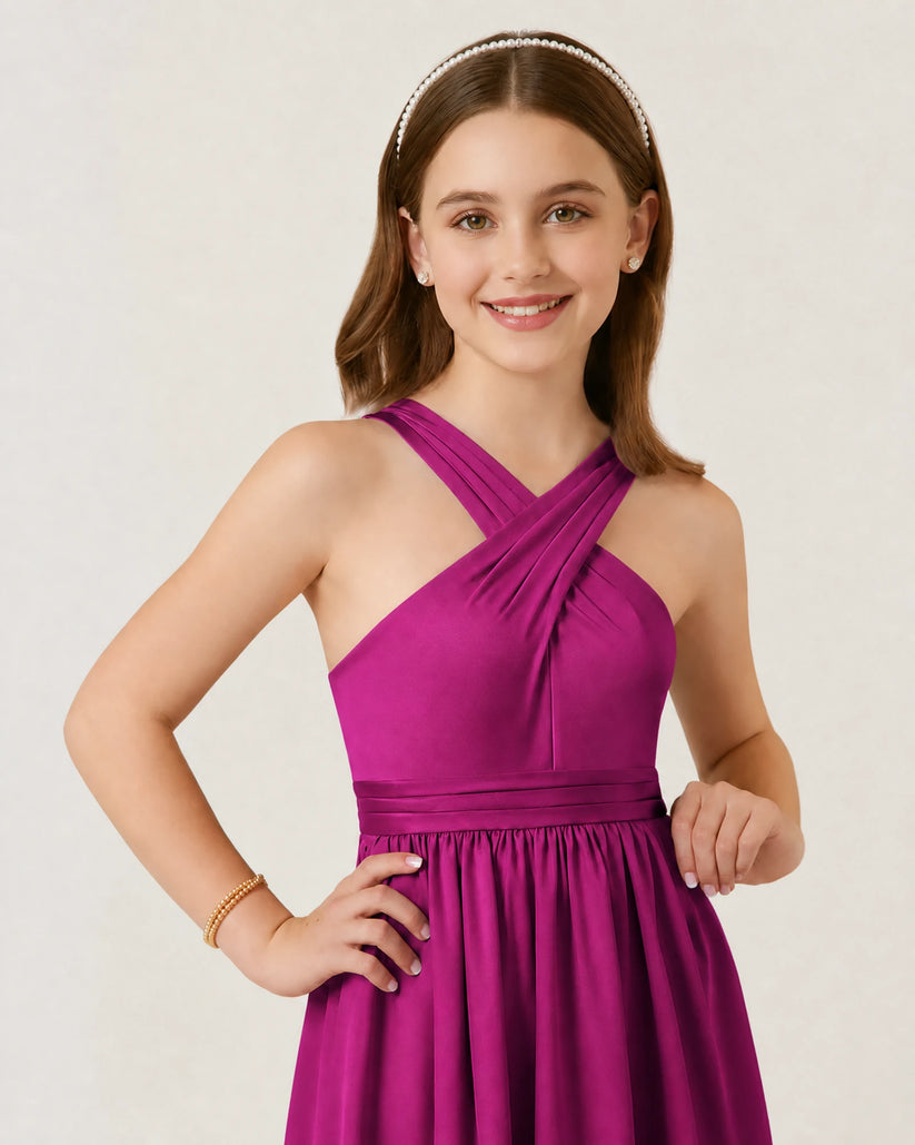 Fuchsia Chiffon A-line Junior Bridesmaid Dress Front View