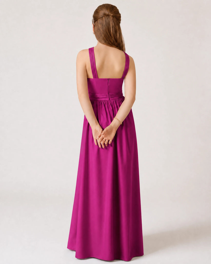 Fuchsia Satin A-line Junior Bridesmaid Dress Back View