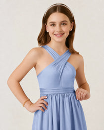 Dideyttawl Teal Junior Bridesmaid Dress Criss Cross Halter Neck Floor Length Dress