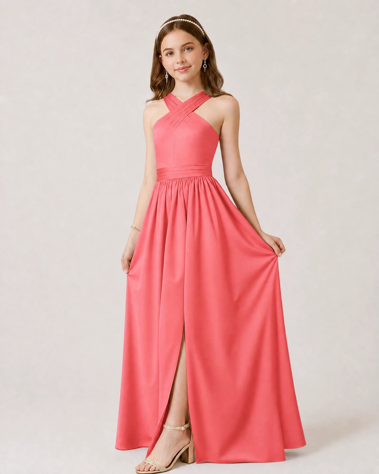 Dideyttawl Teal Junior Bridesmaid Dress Criss Cross Halter Neck Floor Length Dress